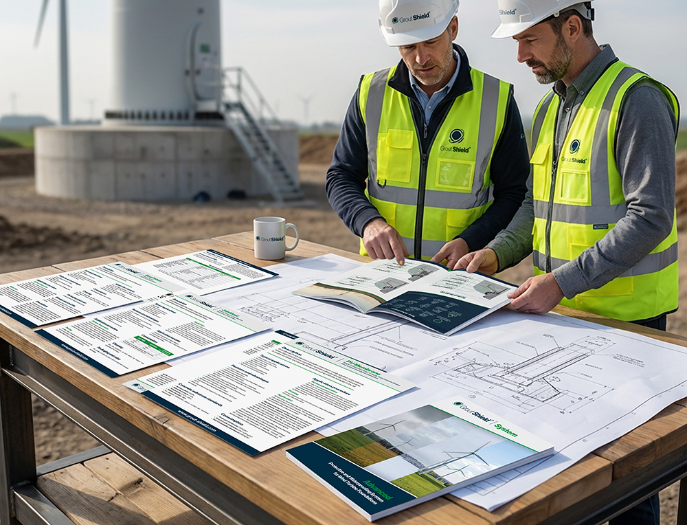 Projekty materiałów reklamowych dla marki Grout Shield – broszury produktowe i materiały techniczne