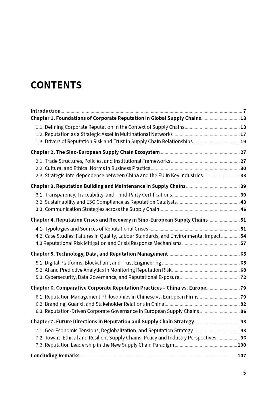 Wielopoziomowy spis treści książki Corporate Reputation in Supply Chain Management z rozdziałami, podrozdziałami i numeracją stron