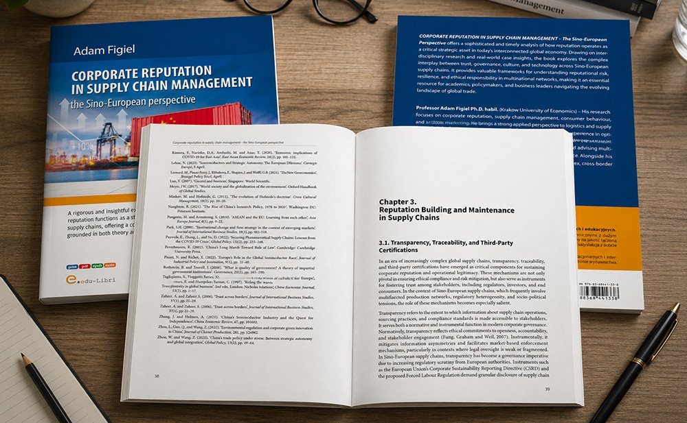 Książka Corporate Reputation in Supply Chain Management autorstwa Adama Figiela w wersji drukowanej, otwarta na rozkładówce z żywą paginą i otwarciem rozdziału, obok przednia i tylna okładka