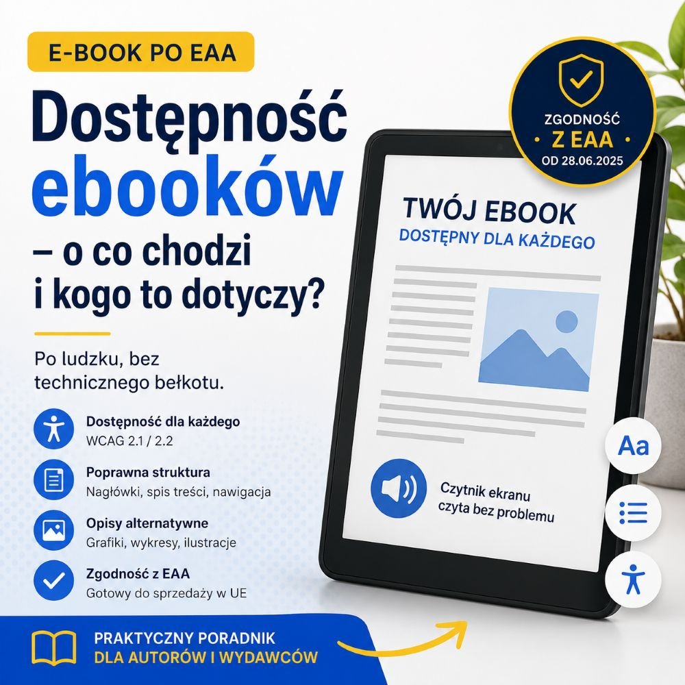 Dostępność ebooków po EAA – grafika przedstawiająca wymagania dotyczące zgodności ebooków z Europejskim Aktem o Dostępności (EAA), WCAG 2.1/2.2, opisami alternatywnymi, strukturą dokumentu i obsługą czytników ekranu.