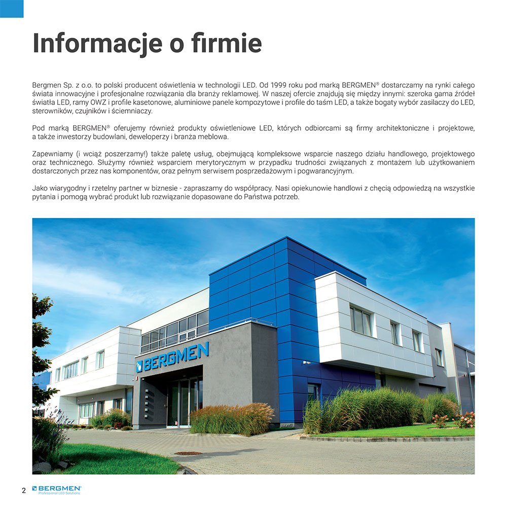 Zdjęcie wnętrza katalogu produktowego Bergmen przedstawiające stronę o firmie
