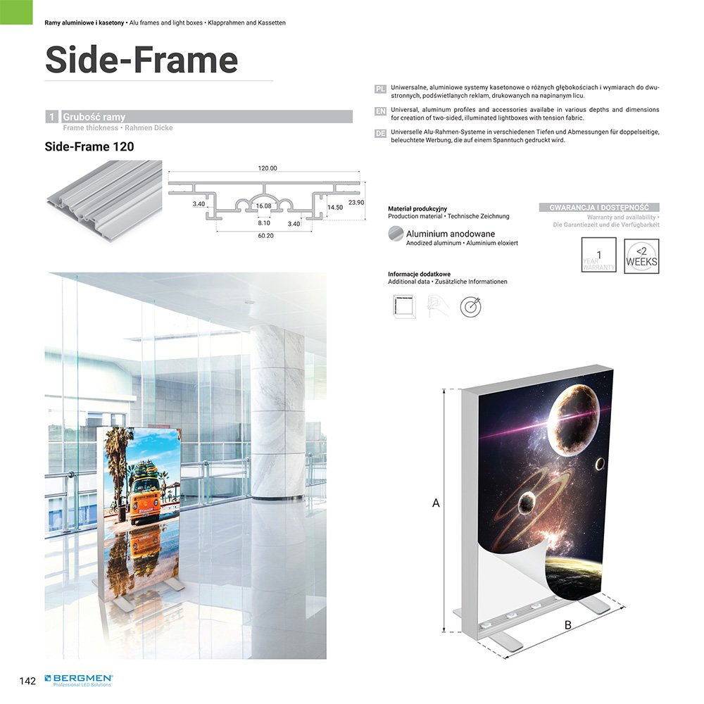 Zdjęcie wnętrza katalogu produktowego Bergmen przedstawiające stronę systemu oświetlenia Side-Frame