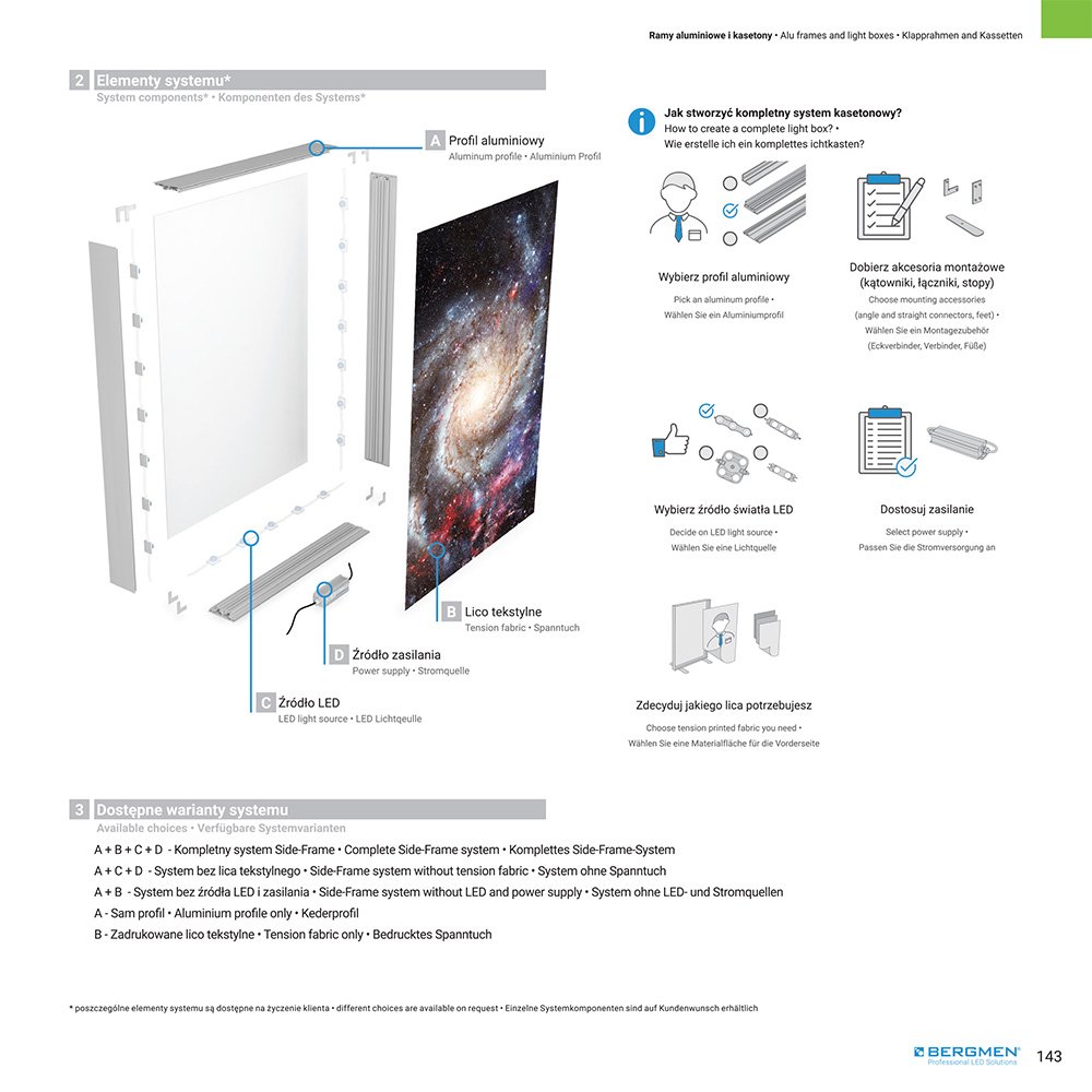 Zdjęcie wnętrza katalogu produktowego Bergmen przedstawiające stronę systemu oświetlenia Side-Frame