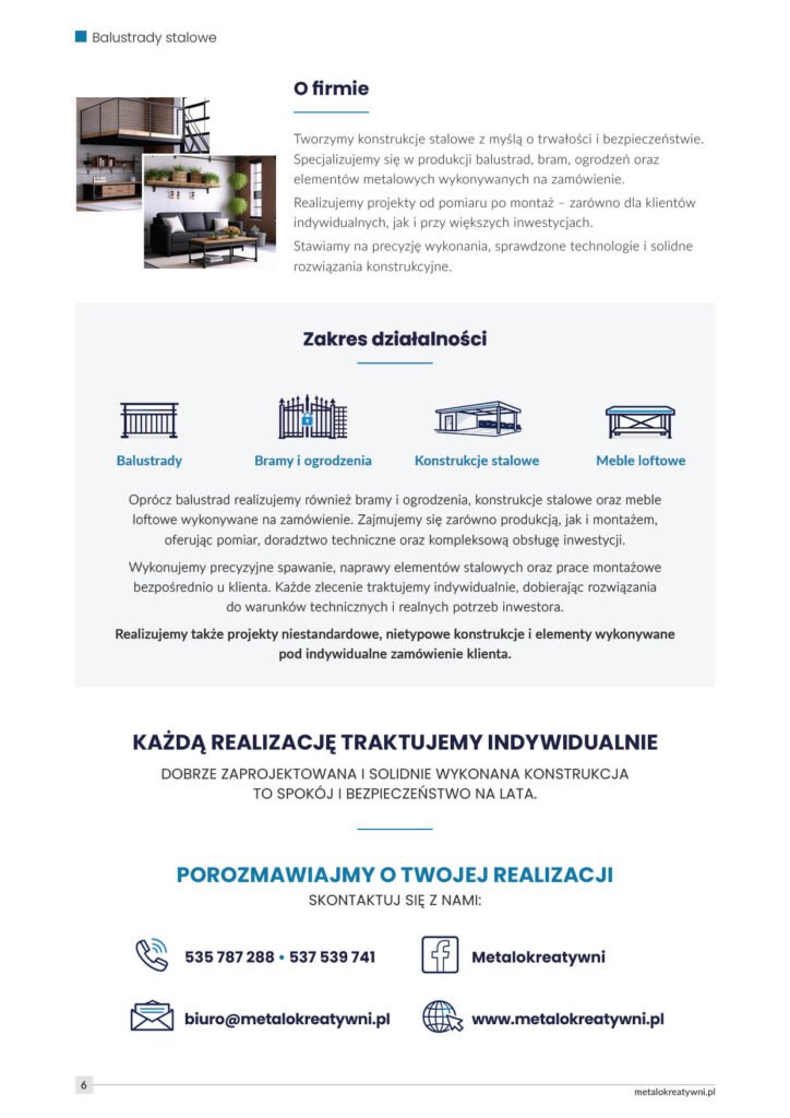 katalogu balustrad z sekcją opisu firmy