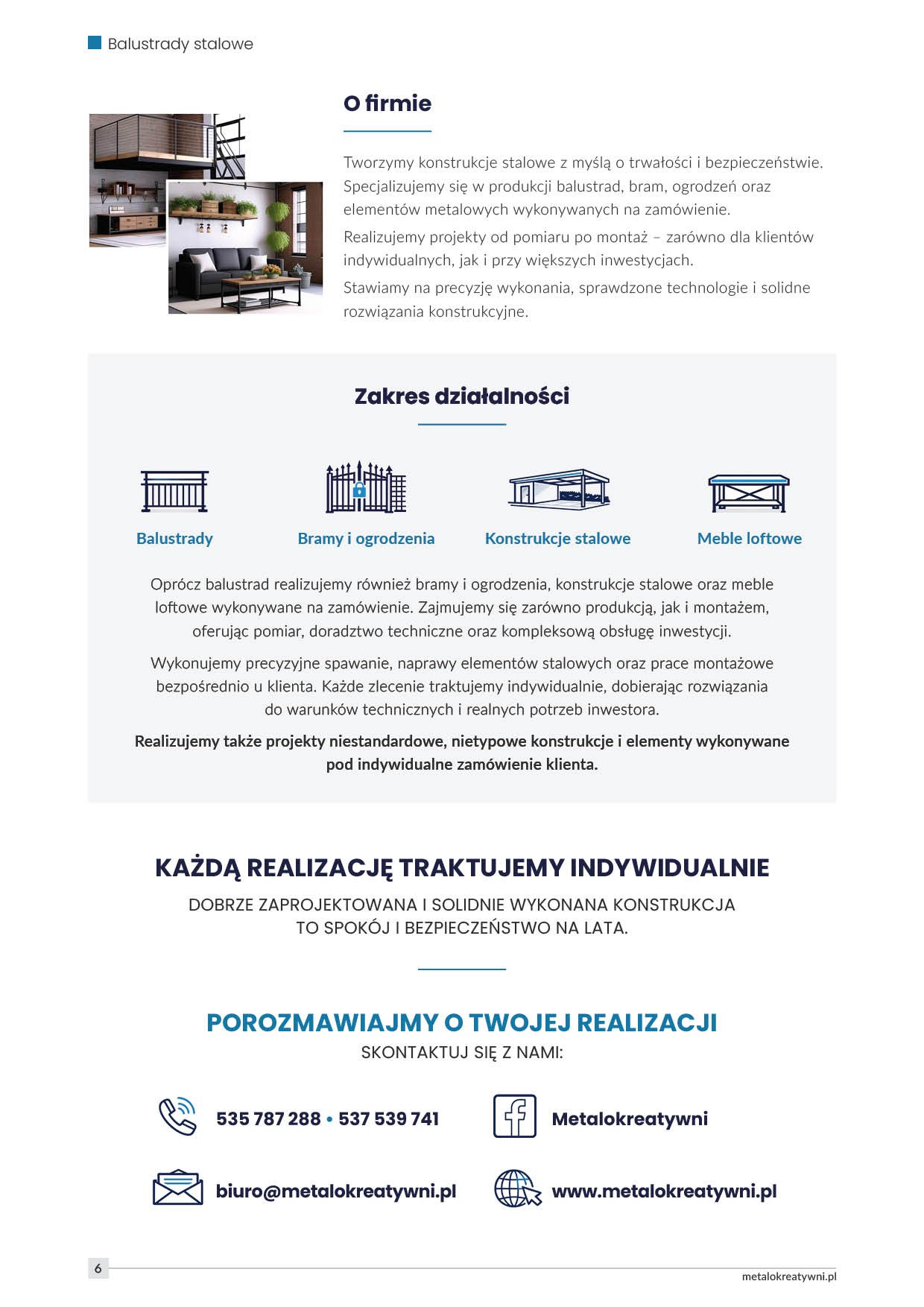 katalogu balustrad z sekcją opisu firmy