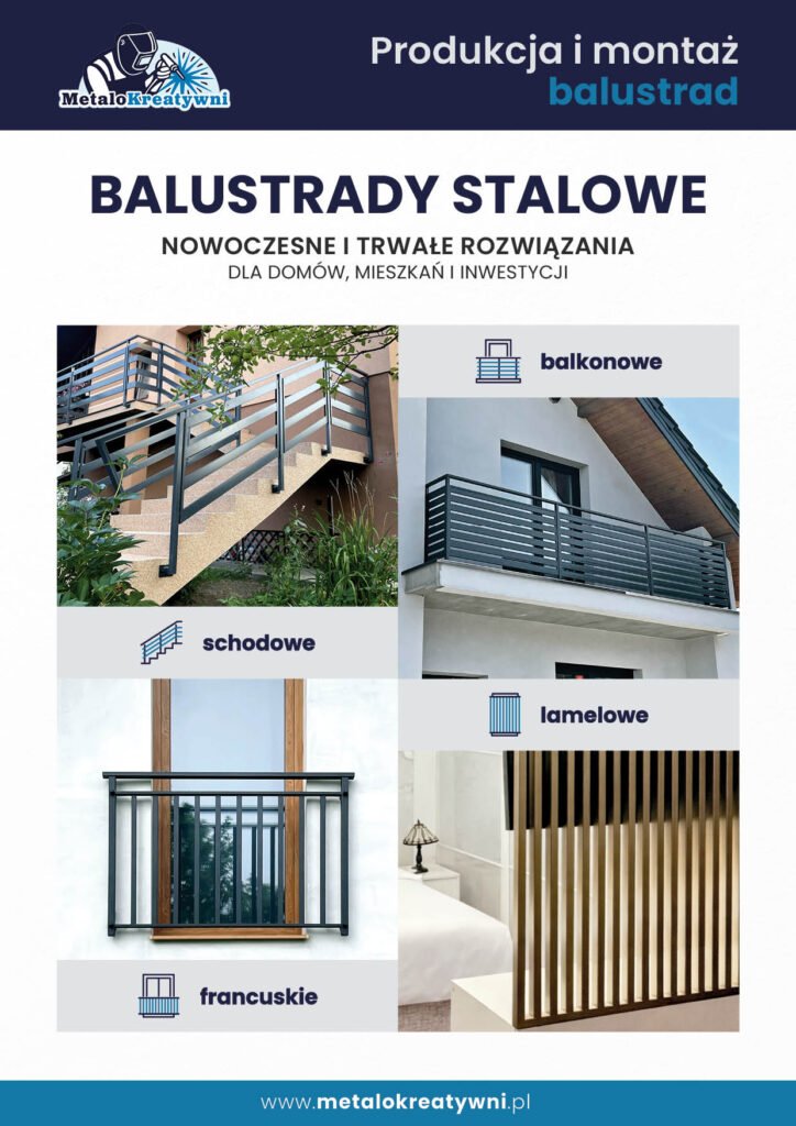 Okładka katalogu balustrad MetaloKreatywni z podziałem na typy: balkonowe, schodowe, lamelowe, francuskie