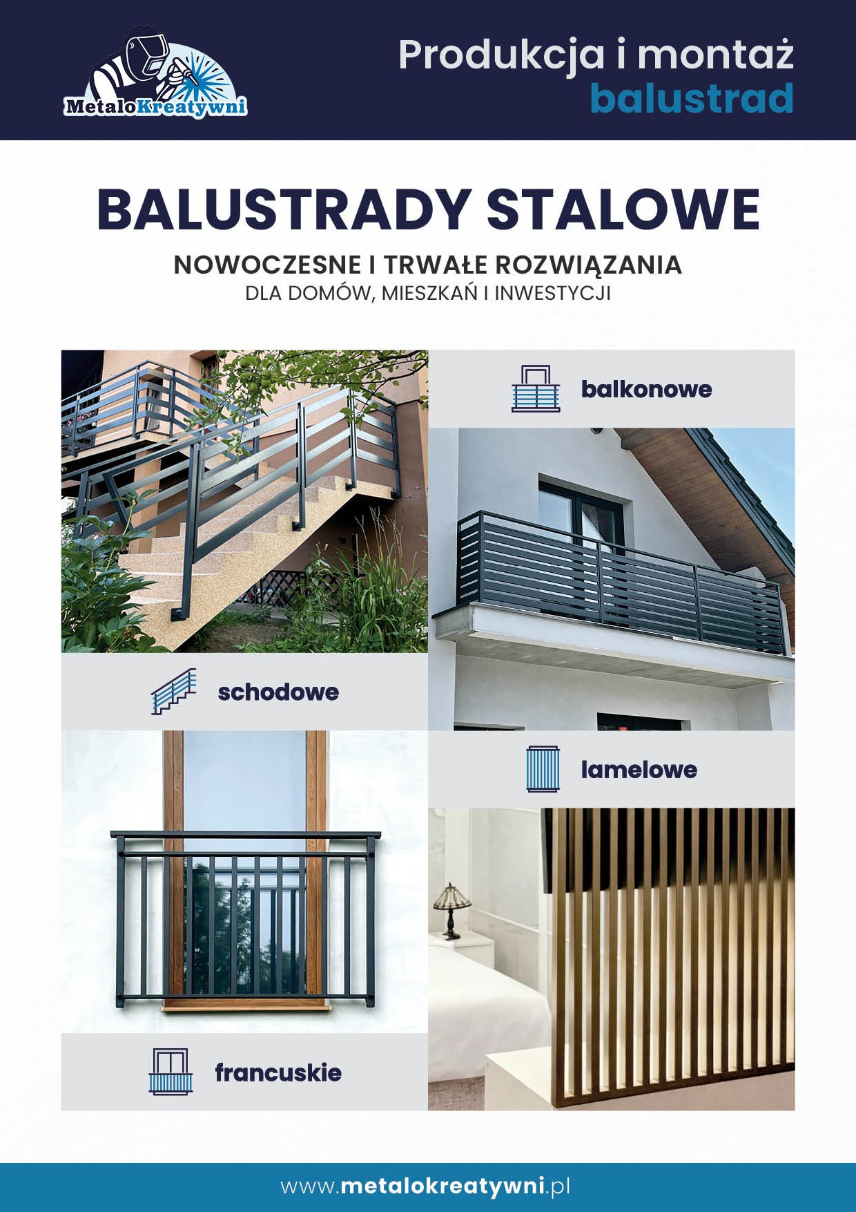 Okładka katalogu balustrad MetaloKreatywni z podziałem na typy: balkonowe, schodowe, lamelowe, francuskie