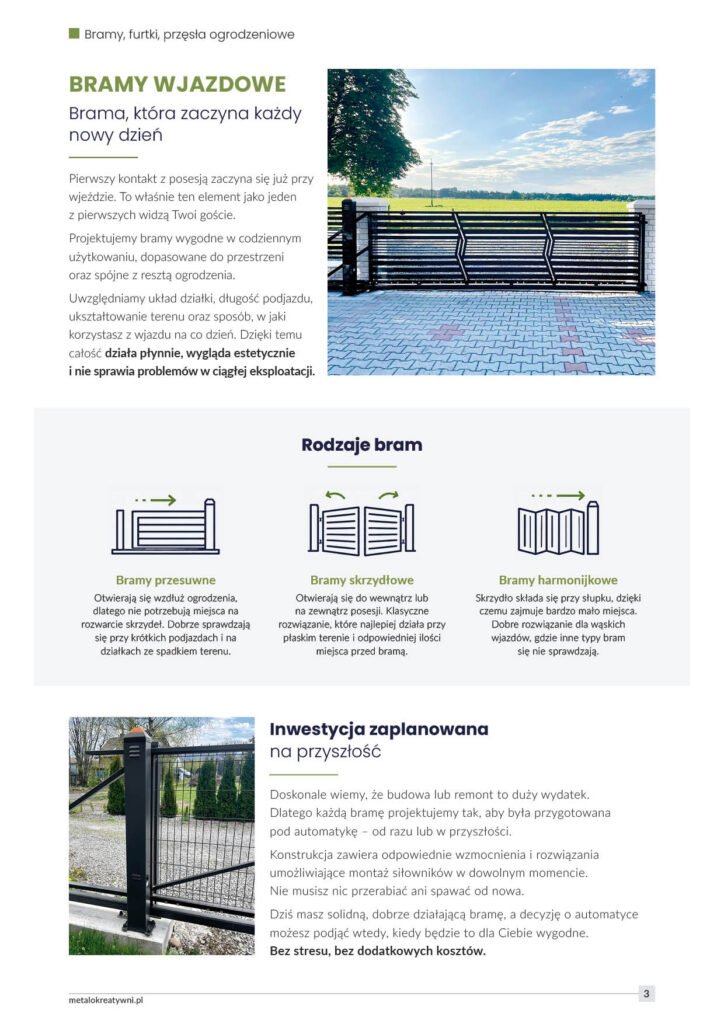 Strona katalogu ogrodzeń z prezentacją typów przęseł i bram